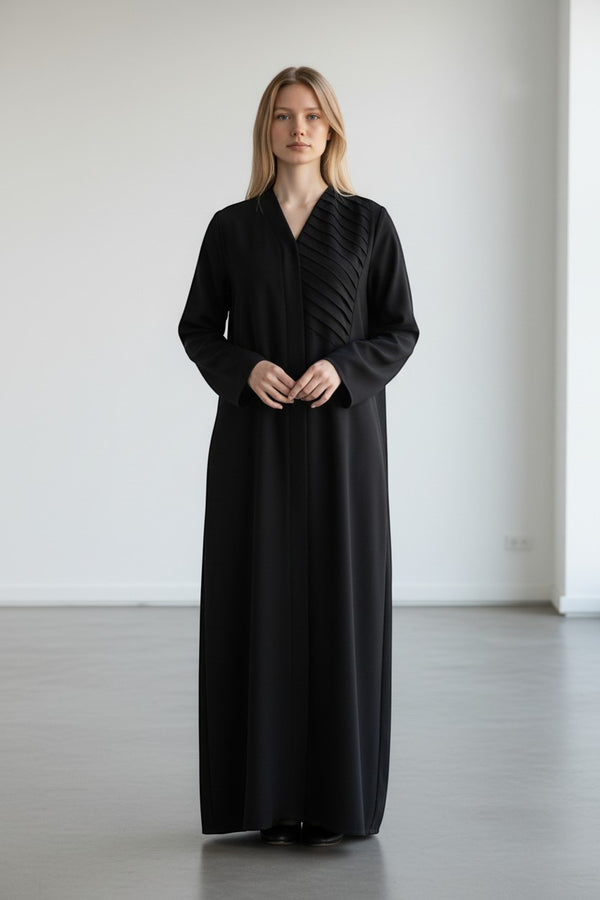 A&M FANCY STORE black long sleeve maxi abaya dress with V-neckline and pleated bodice detail.