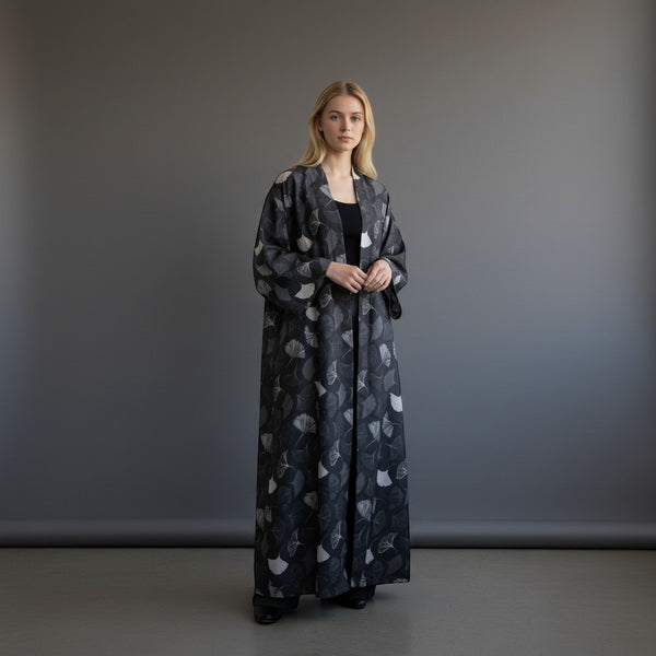 A&M FANCY STORE charcoal, grey, and white ginkgo leaf print long kimono robe with wide sleeves.
