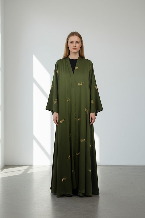 A&M FANCY STORE olive green flowing abaya with gold leaf embroidery, open front, wide sleeves.