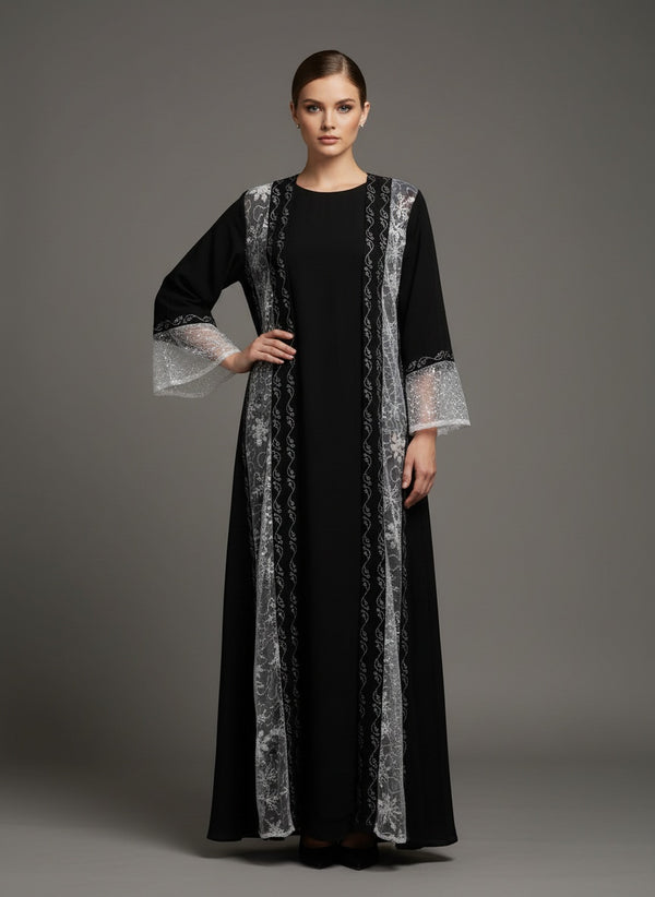 Black Floral Printed Abaya
